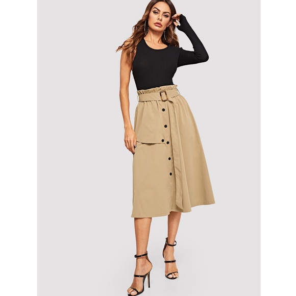 Trench Style Khaki Paper Bag Belted Midi Skirt - Picture 5 of 8